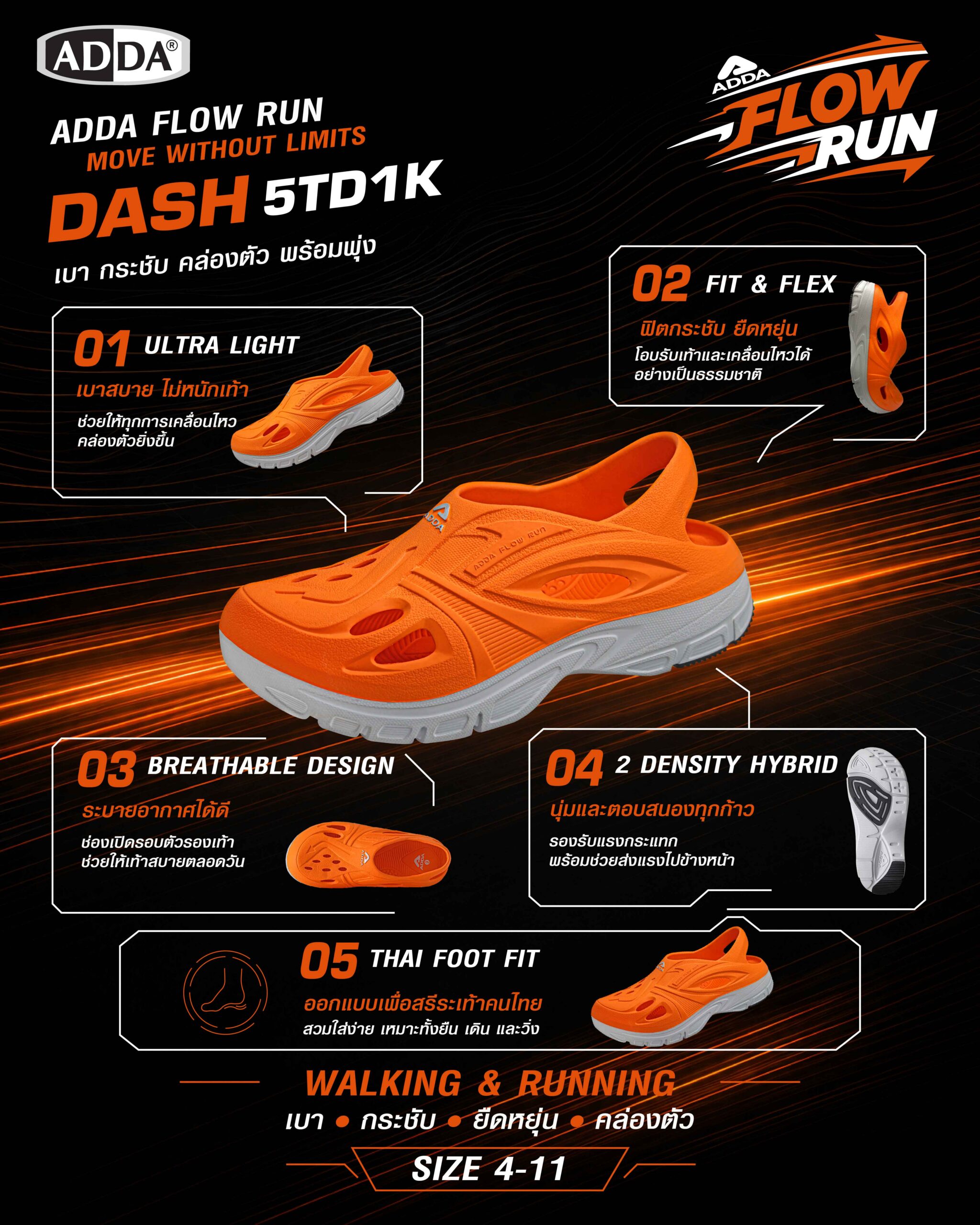 ADDA FLOW RUN รุ่น DASH รองเท้าวิ่งสำหรับผู้ชายและผู้หญิง รุ่น 5TD1KM1 (Size 4-11) - Image 12